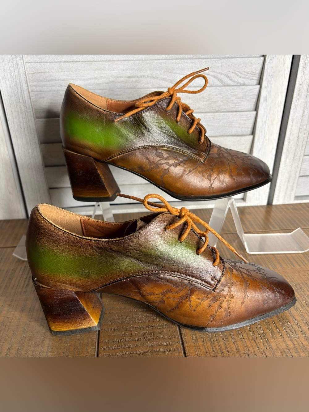 Spring Step L'Artiste Brown Green Ombre Leather Lace Up Oxford Heels Size 41 - Picture 6 of 16